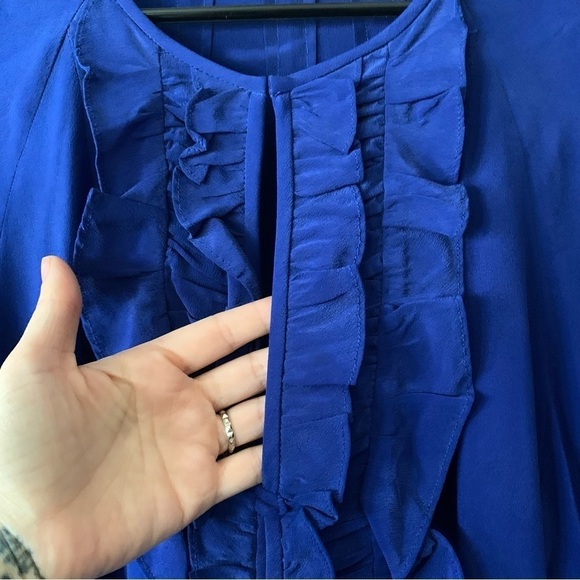 Nanette Lepore 100% Silk Blue Ruffle Short Sleeve Dynasty Blouse Size 0 - Picture 6 of 11